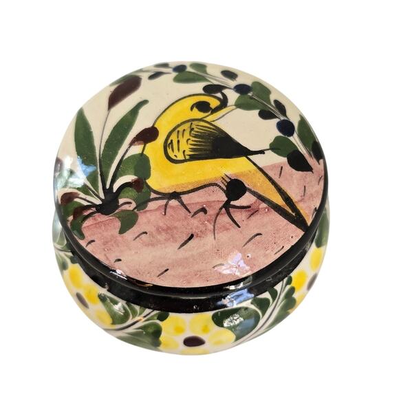 Vintage Tonala Mexico Small Covered Ceramic Trinket Box Yellow Bird Floral Boho - Picture 1 of 10